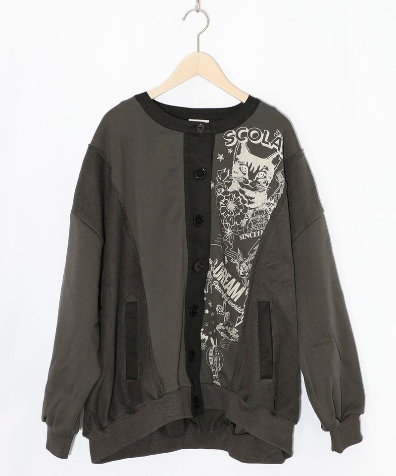 チョーク風柄裏毛×綿ツイル異素材切替カーディガン-10