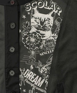 チョーク風柄裏毛×綿ツイル異素材切替カーディガン-12