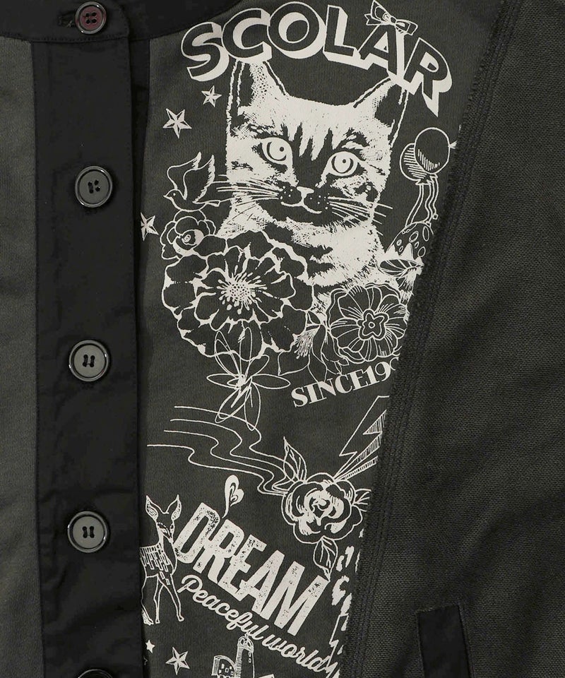 チョーク風柄裏毛×綿ツイル異素材切替カーディガン-12