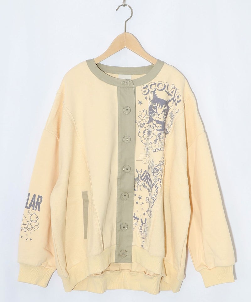 チョーク風柄裏毛×綿ツイル異素材切替カーディガン-13