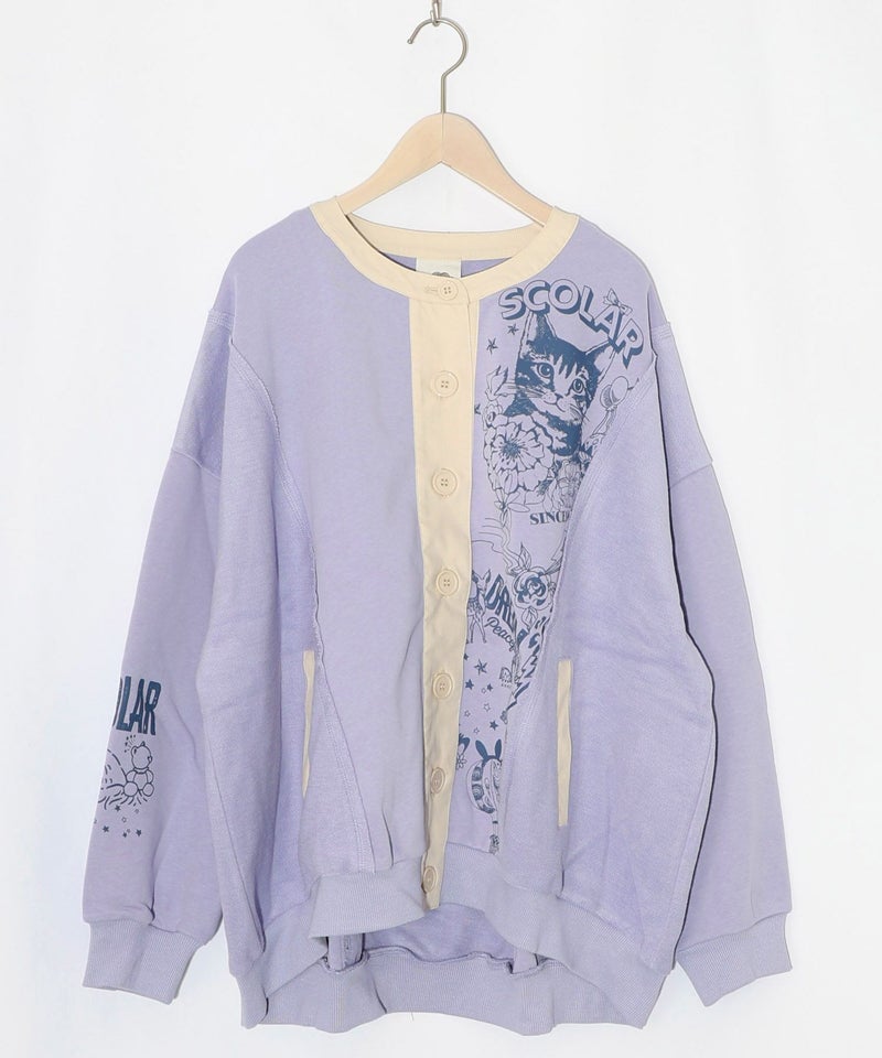 チョーク風柄裏毛×綿ツイル異素材切替カーディガン-16