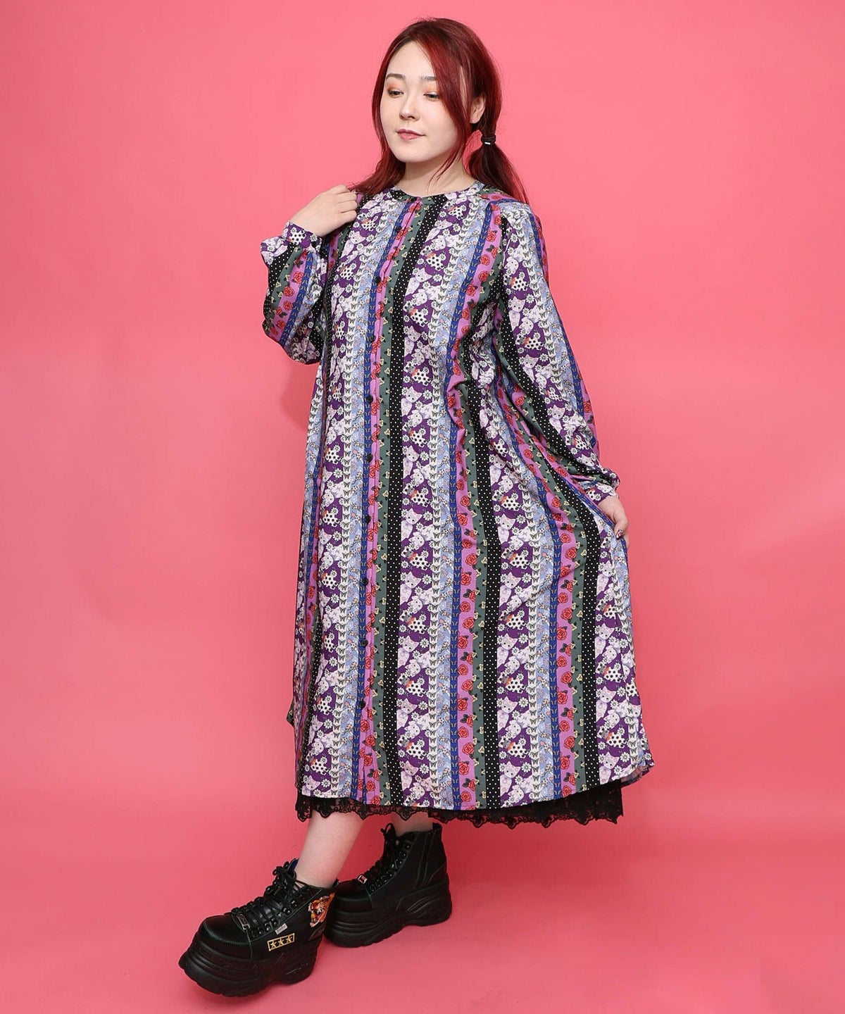 ストライプ総柄前開きシャツワンピース-5