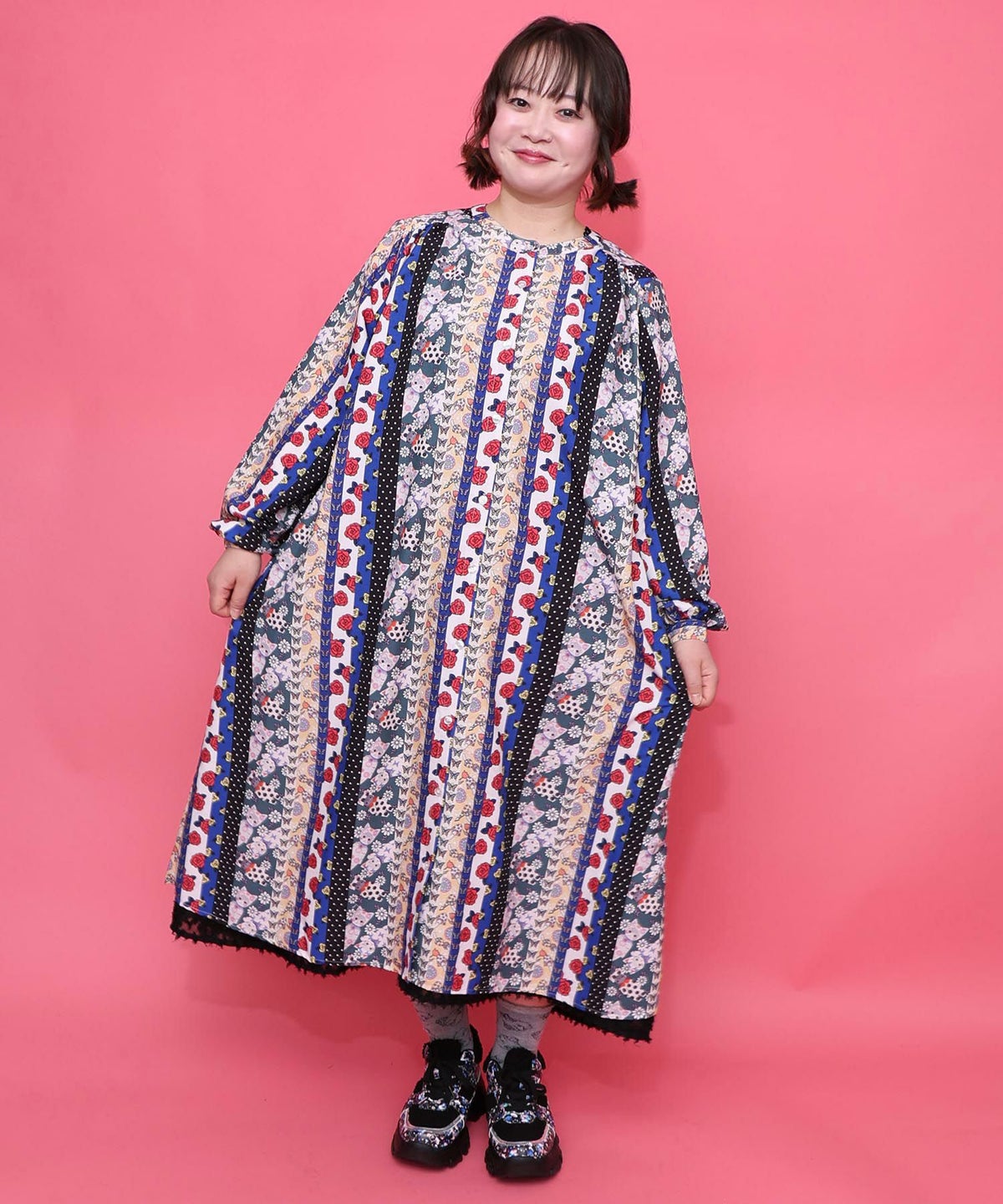 ストライプ総柄前開きシャツワンピース-11