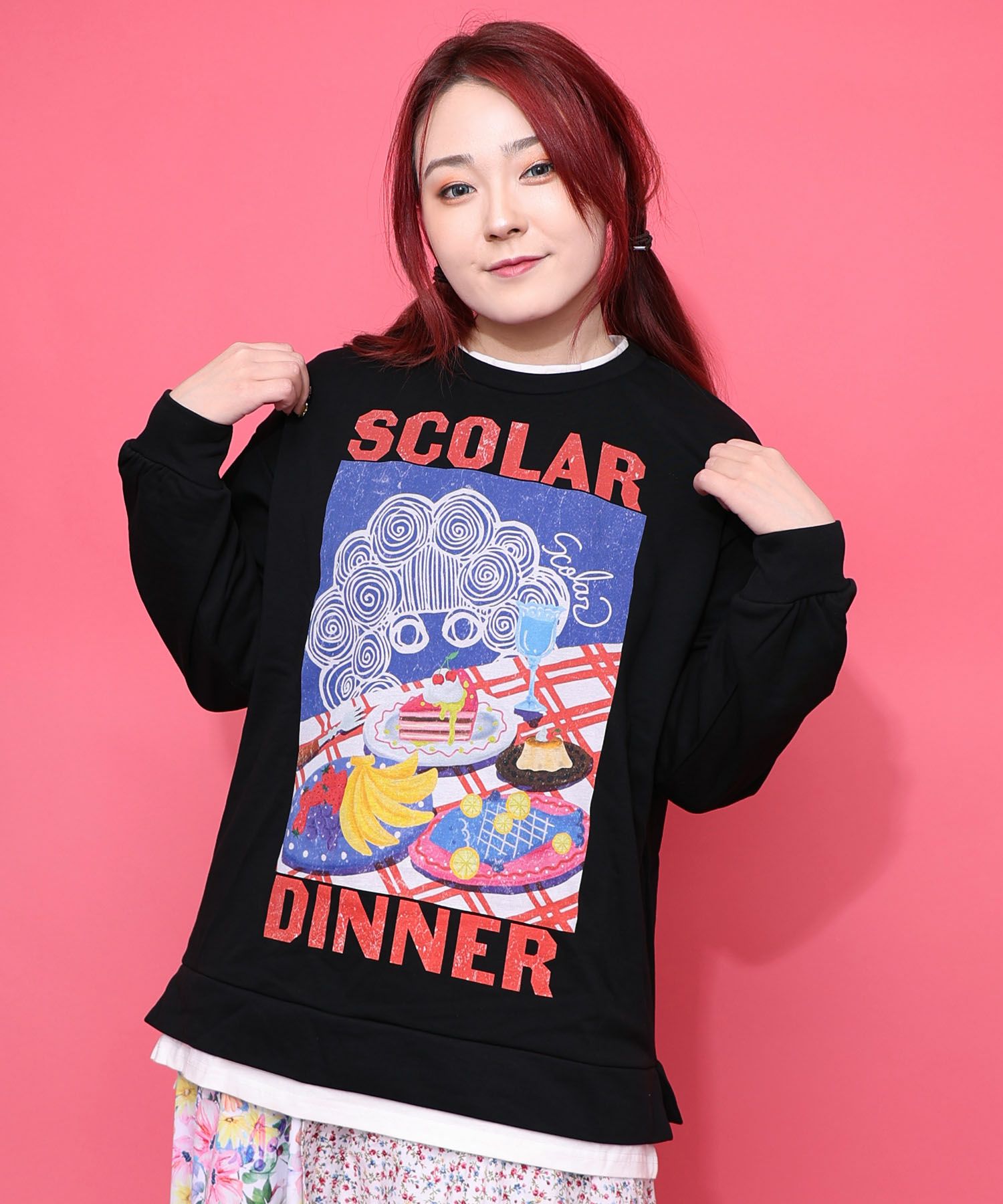 Kkh様楽￼ブラック 161610：スカラーちゃんの夕食柄レイヤード風配色プルオーバーの通販
