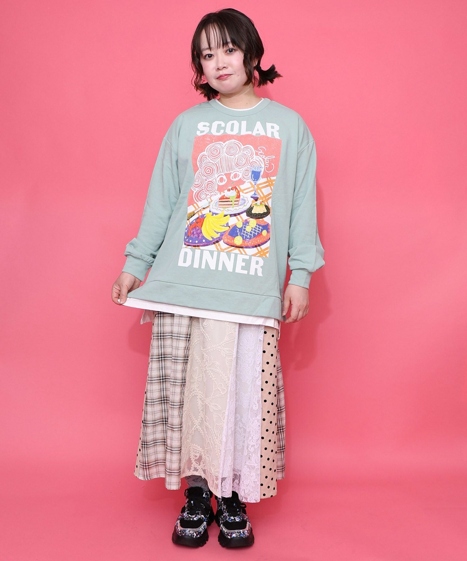 161610：スカラーちゃんの夕食柄レイヤード風配色プルオーバーの通販