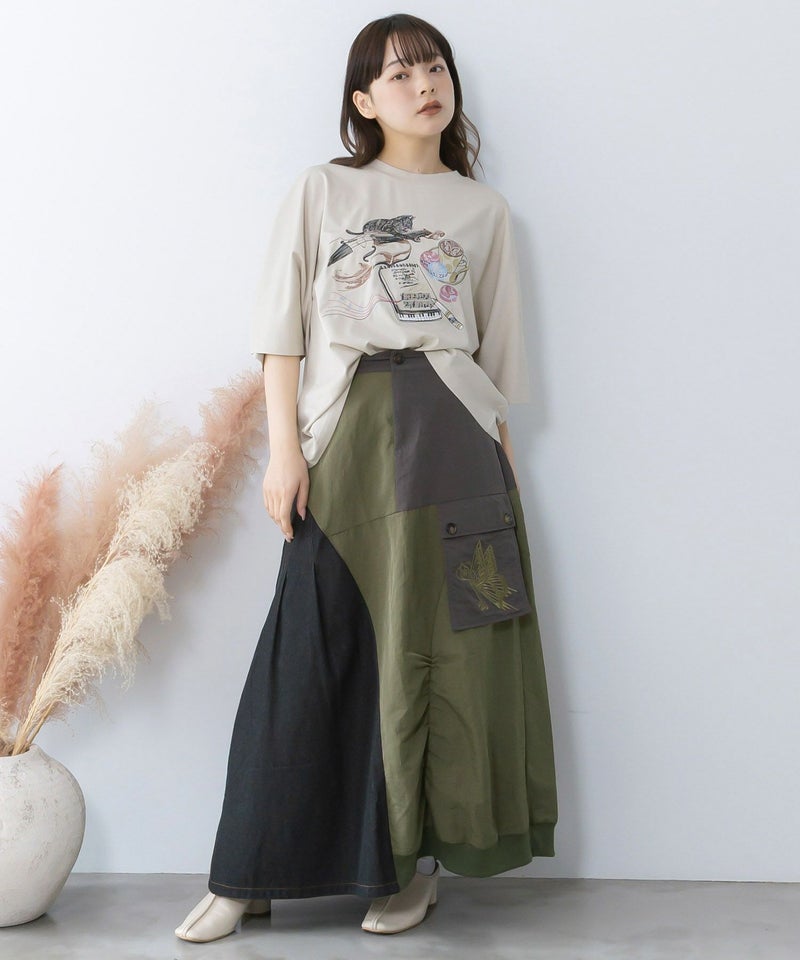 蝶鍵モチーフ刺繍 ナイロン×デニム切替配色スカート-2