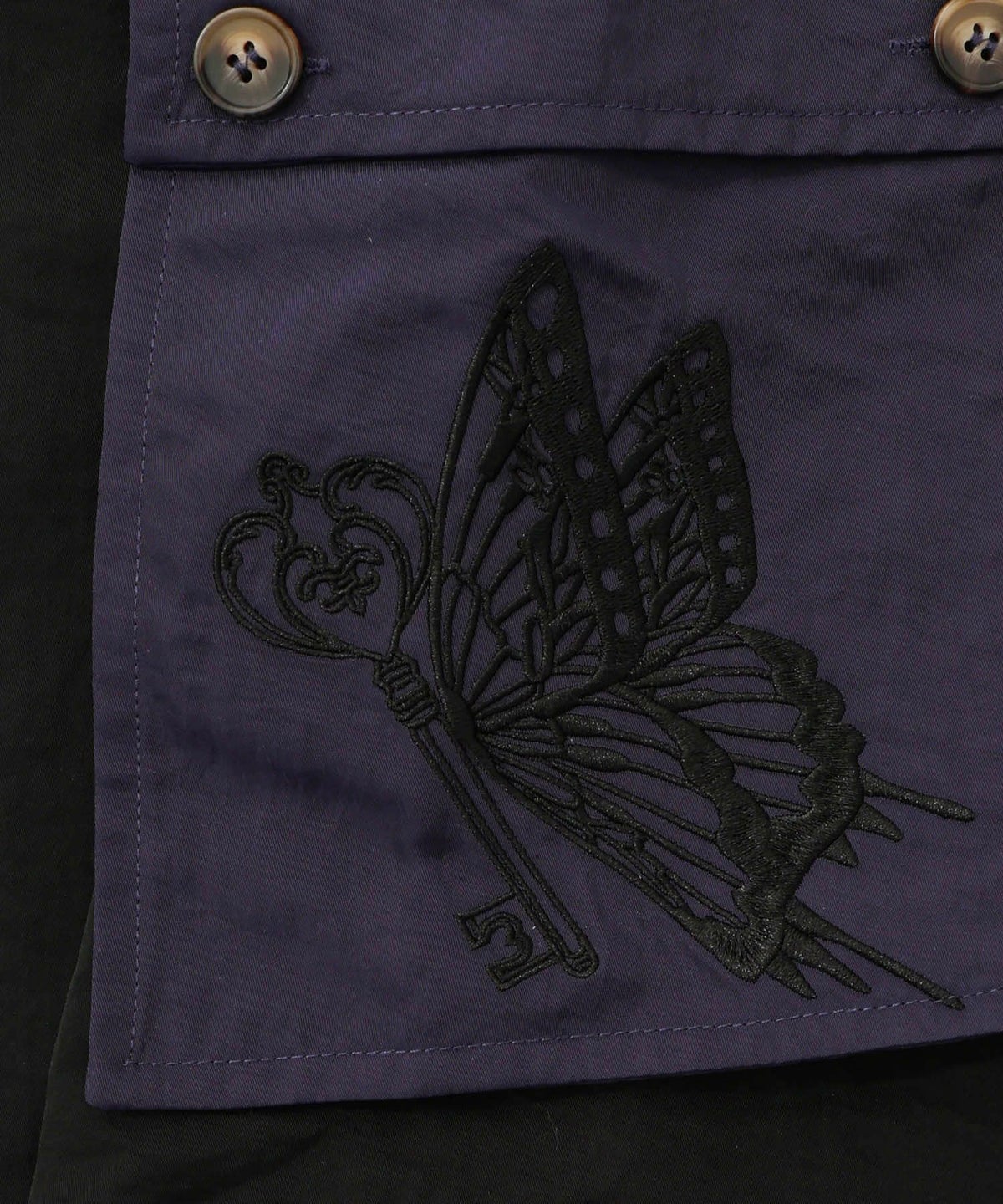 蝶鍵モチーフ刺繍 ナイロン×デニム切替配色スカート-11