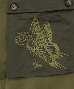 蝶鍵モチーフ刺繍 ナイロン×デニム切替配色スカート-13