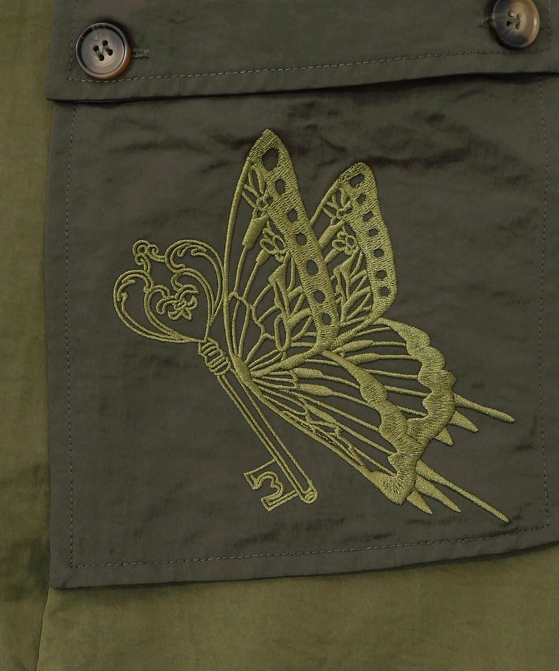 蝶鍵モチーフ刺繍 ナイロン×デニム切替配色スカート-13