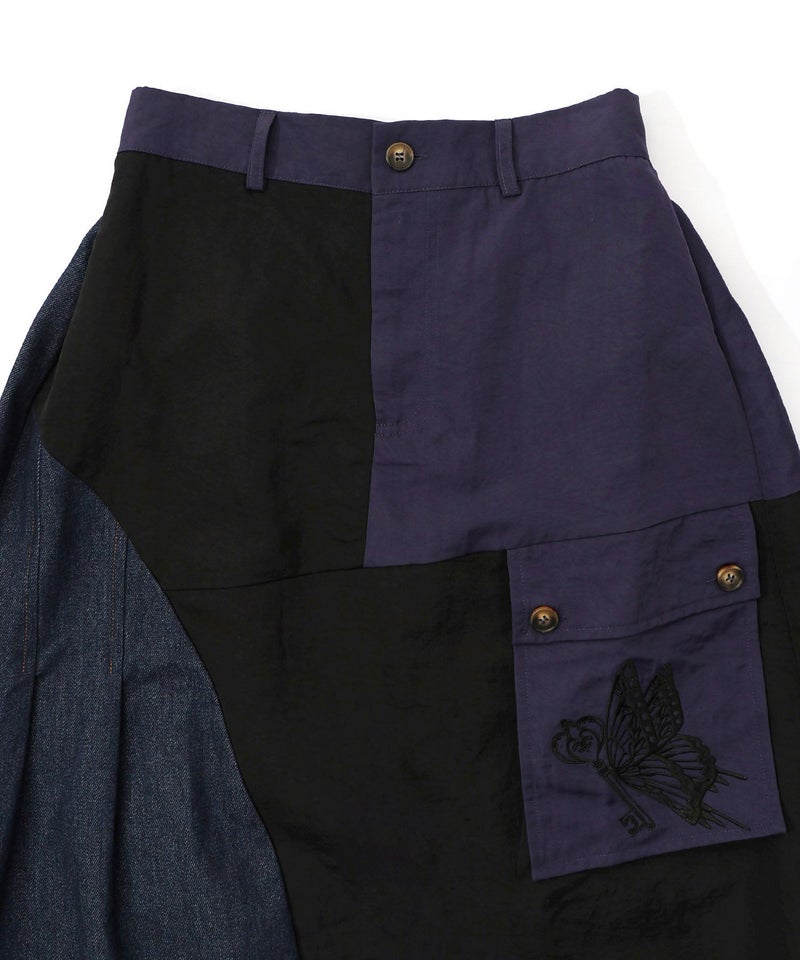 蝶鍵モチーフ刺繍 ナイロン×デニム切替配色スカート-14