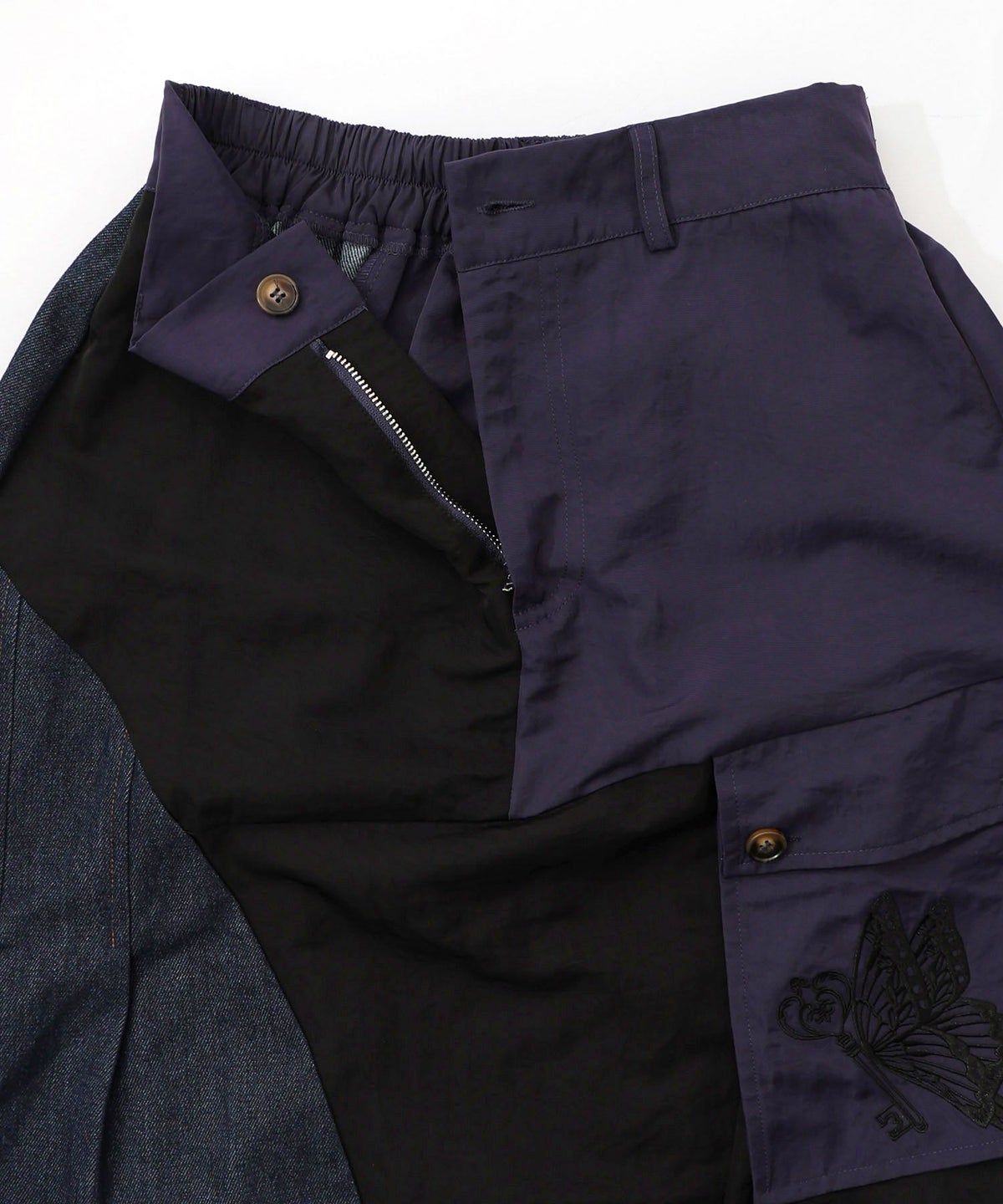 蝶鍵モチーフ刺繍 ナイロン×デニム切替配色スカート-15