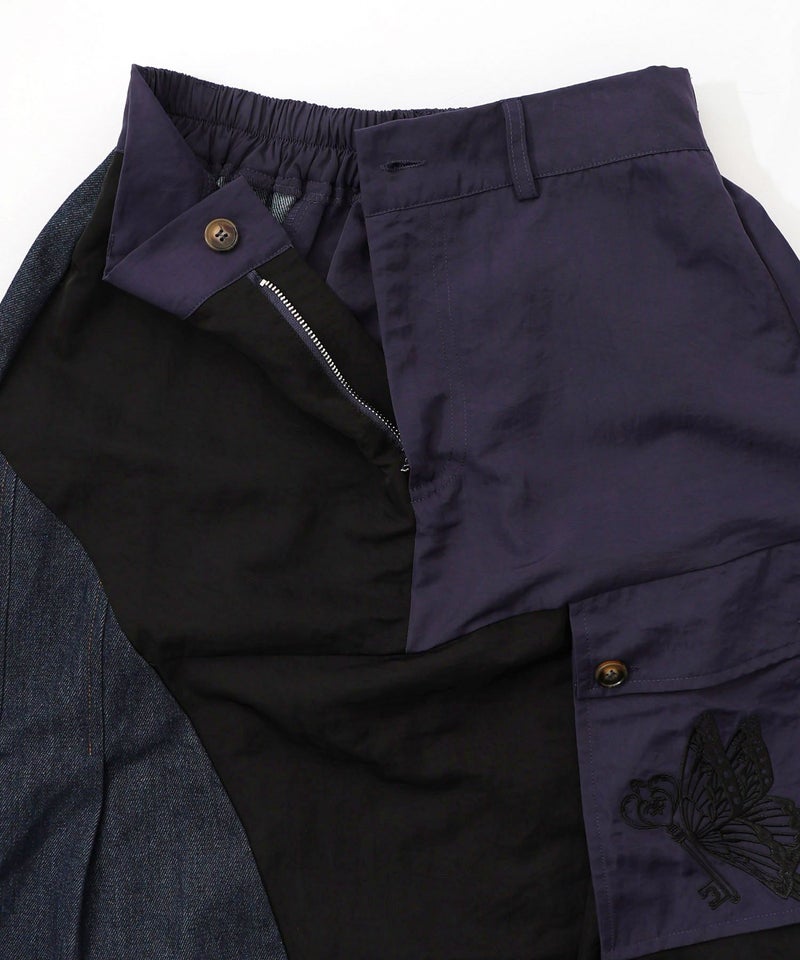 蝶鍵モチーフ刺繍 ナイロン×デニム切替配色スカート-15