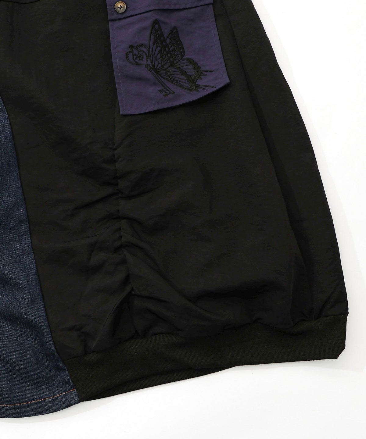 蝶鍵モチーフ刺繍 ナイロン×デニム切替配色スカート-17