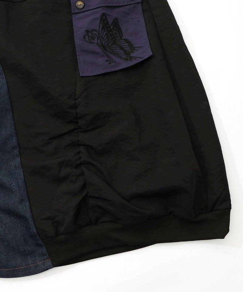 蝶鍵モチーフ刺繍 ナイロン×デニム切替配色スカート-17