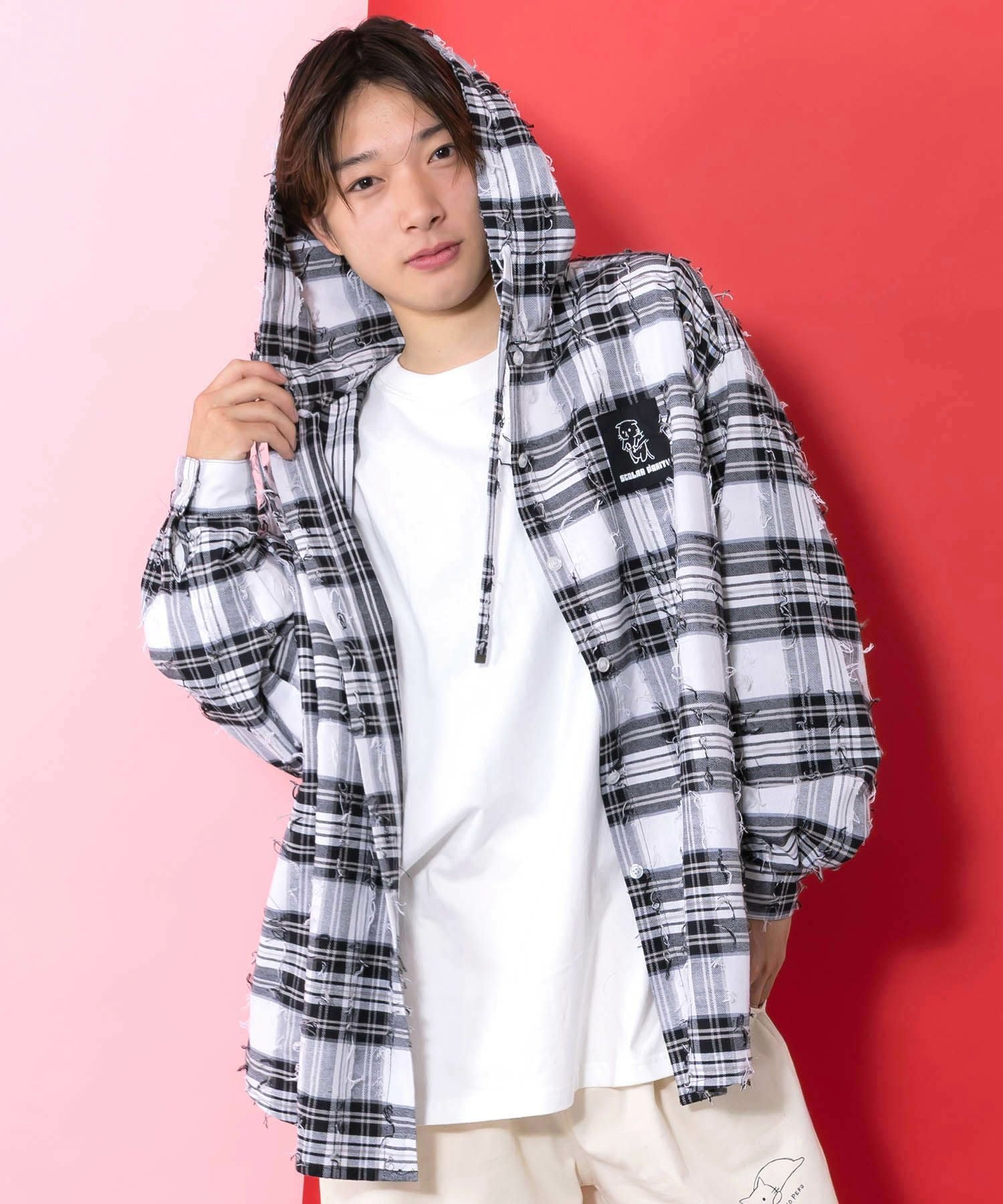 361103：正月太りネコ柄デニムorチェックシャツパーカーの通販-ScoLar