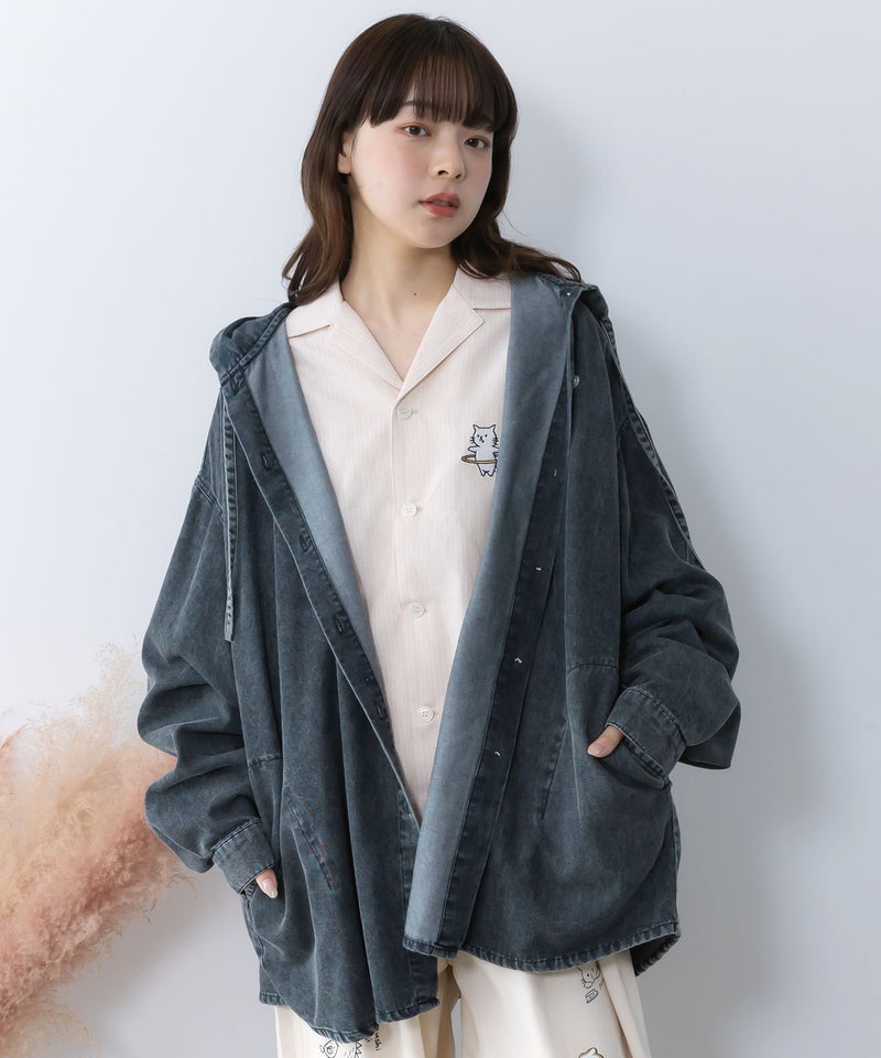 正月太りネコ柄デニムorチェックシャツパーカー-3