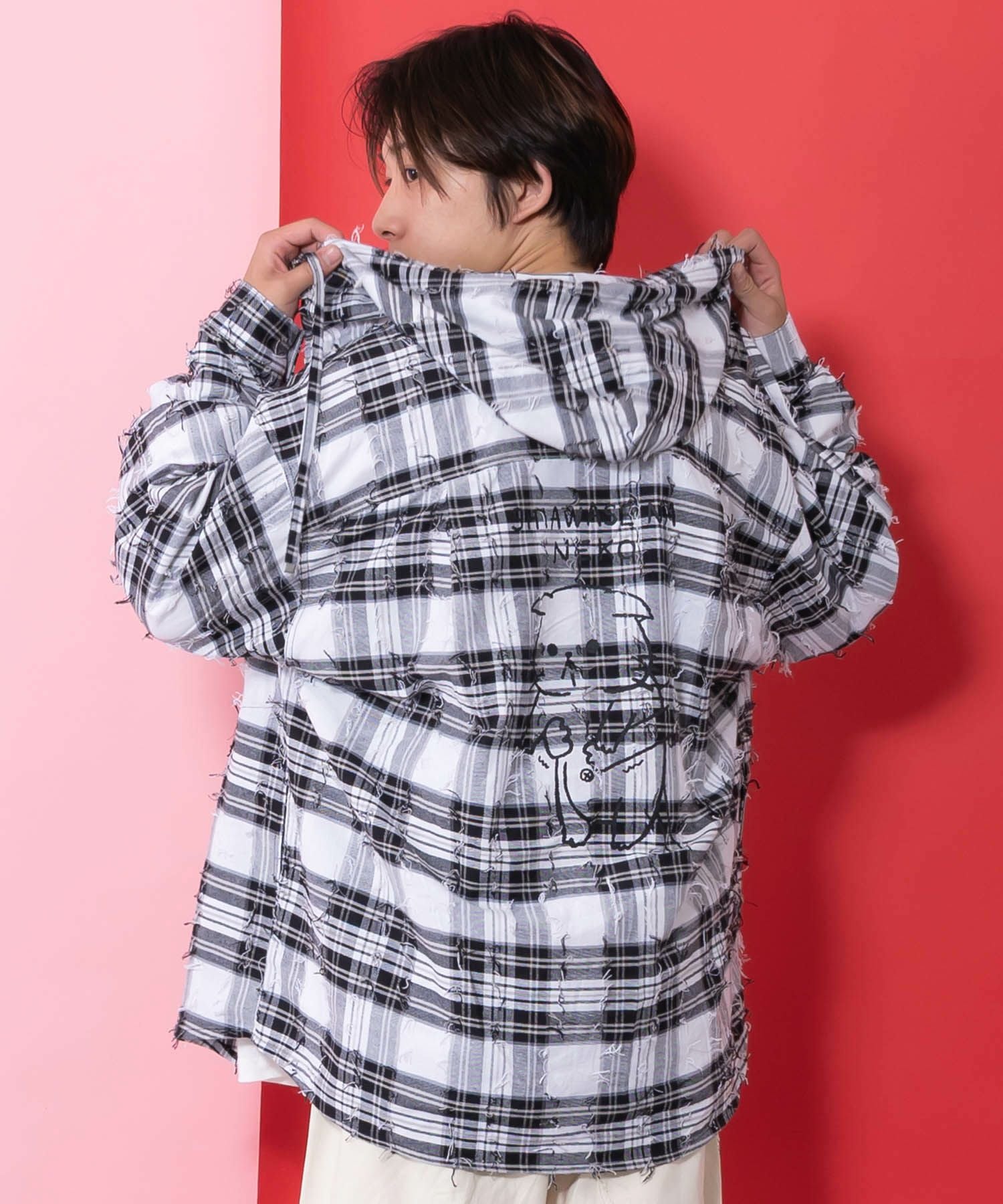 361103：正月太りネコ柄デニムorチェックシャツパーカーの通販-ScoLar