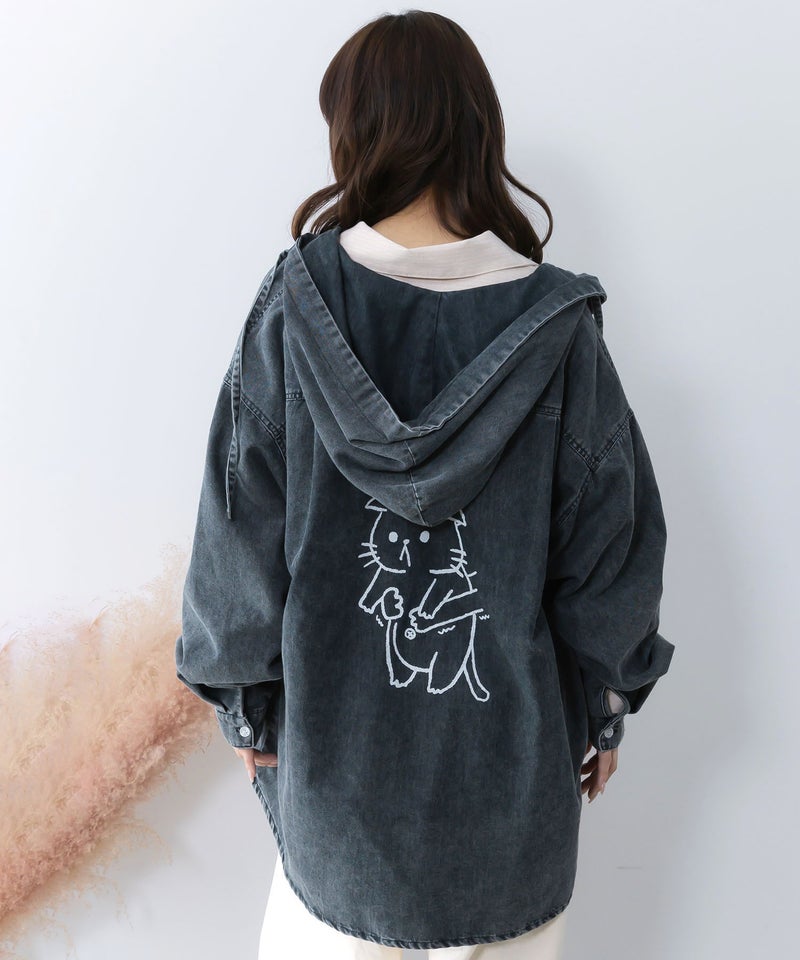 正月太りネコ柄デニムorチェックシャツパーカー-5