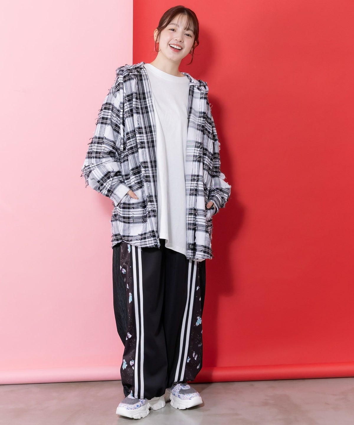 正月太りネコ柄デニムorチェックシャツパーカー-10