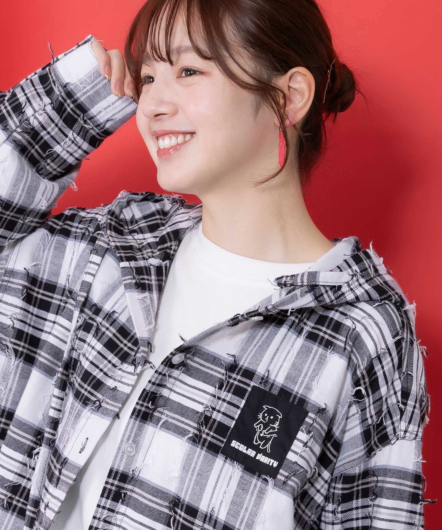 361103：正月太りネコ柄デニムorチェックシャツパーカーの通販-ScoLar