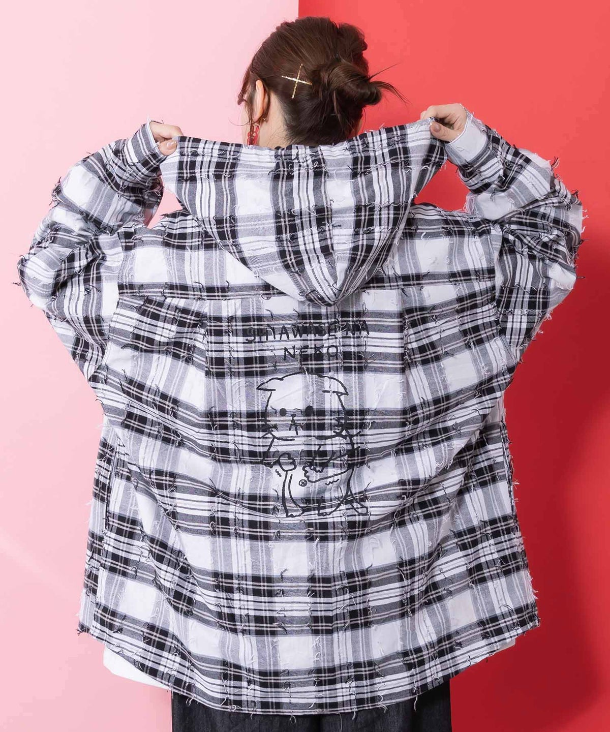 正月太りネコ柄デニムorチェックシャツパーカー-16