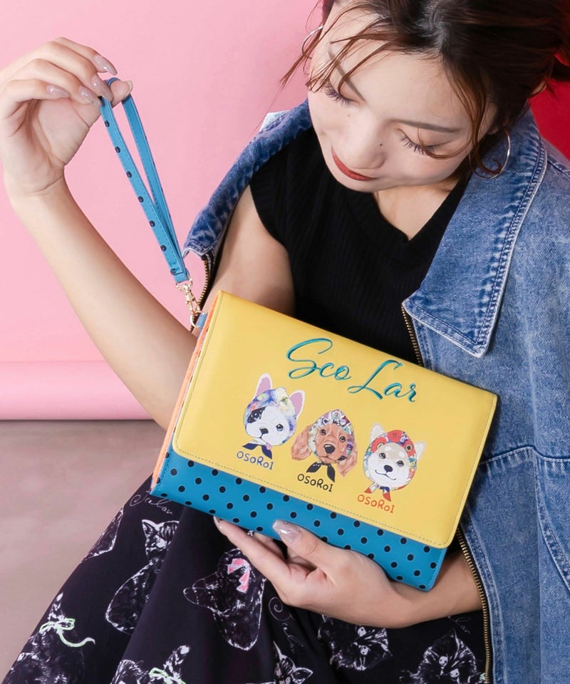 頭巾わんちゃん×ドット柄 ロゴ刺繍入りマルチケース-1