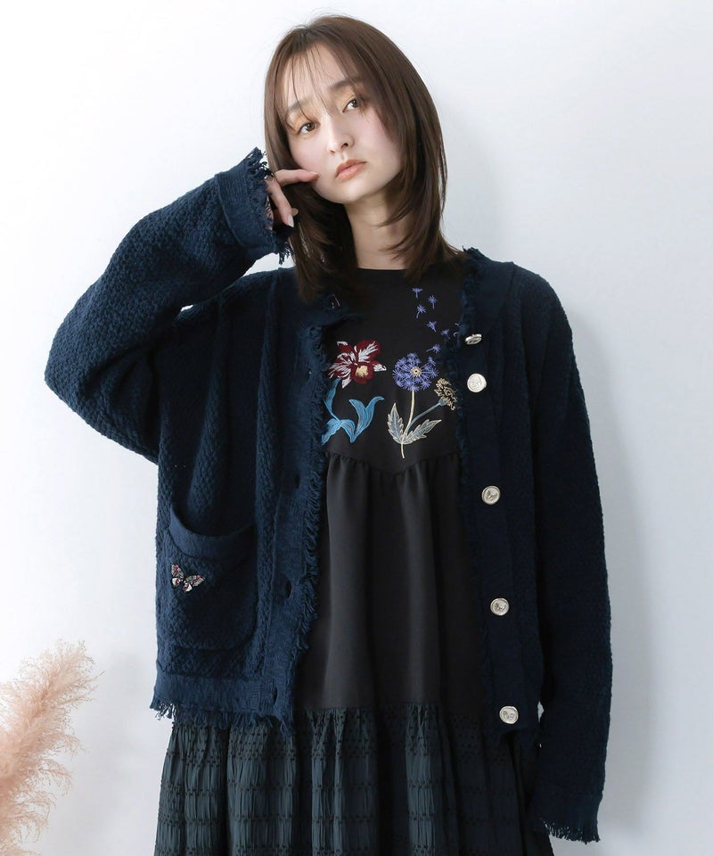 蝶刺繍×蝶ボタン付きニットカーディガン-1