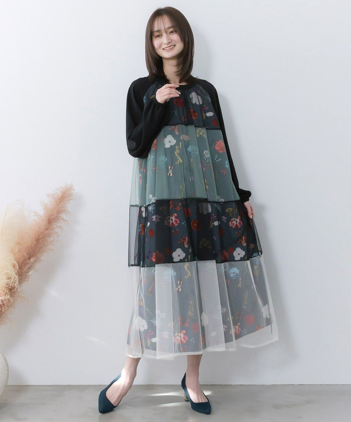 クラシカル花柄チュール重ねワンピース-1