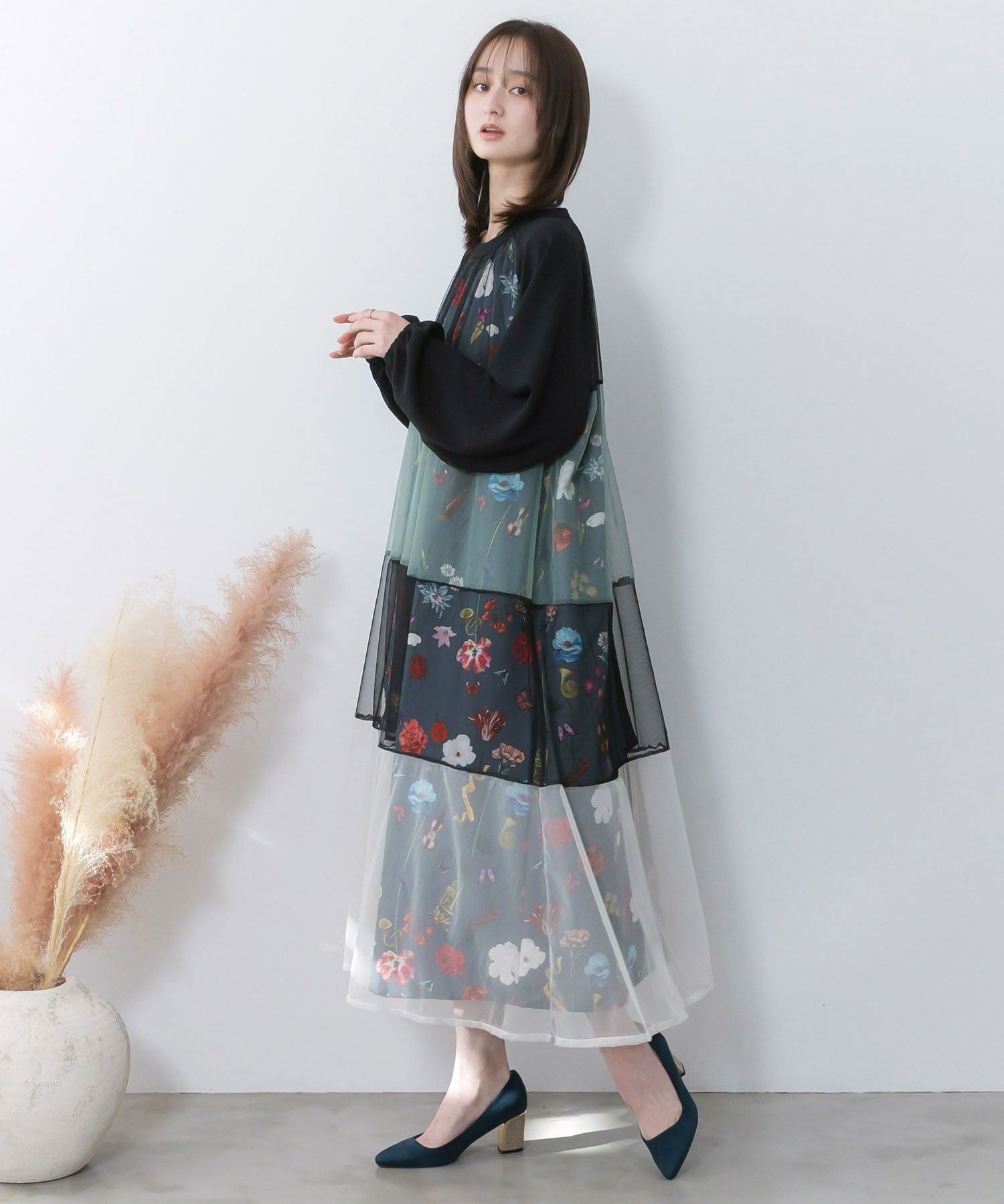 561215：クラシカル花柄チュール重ねワンピースの通販-ScoLar