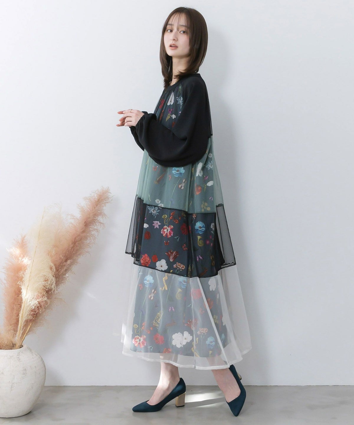 クラシカル花柄チュール重ねワンピース-4