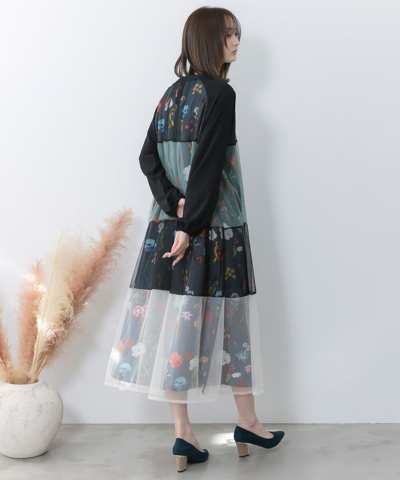 クラシカル花柄チュール重ねワンピース-6