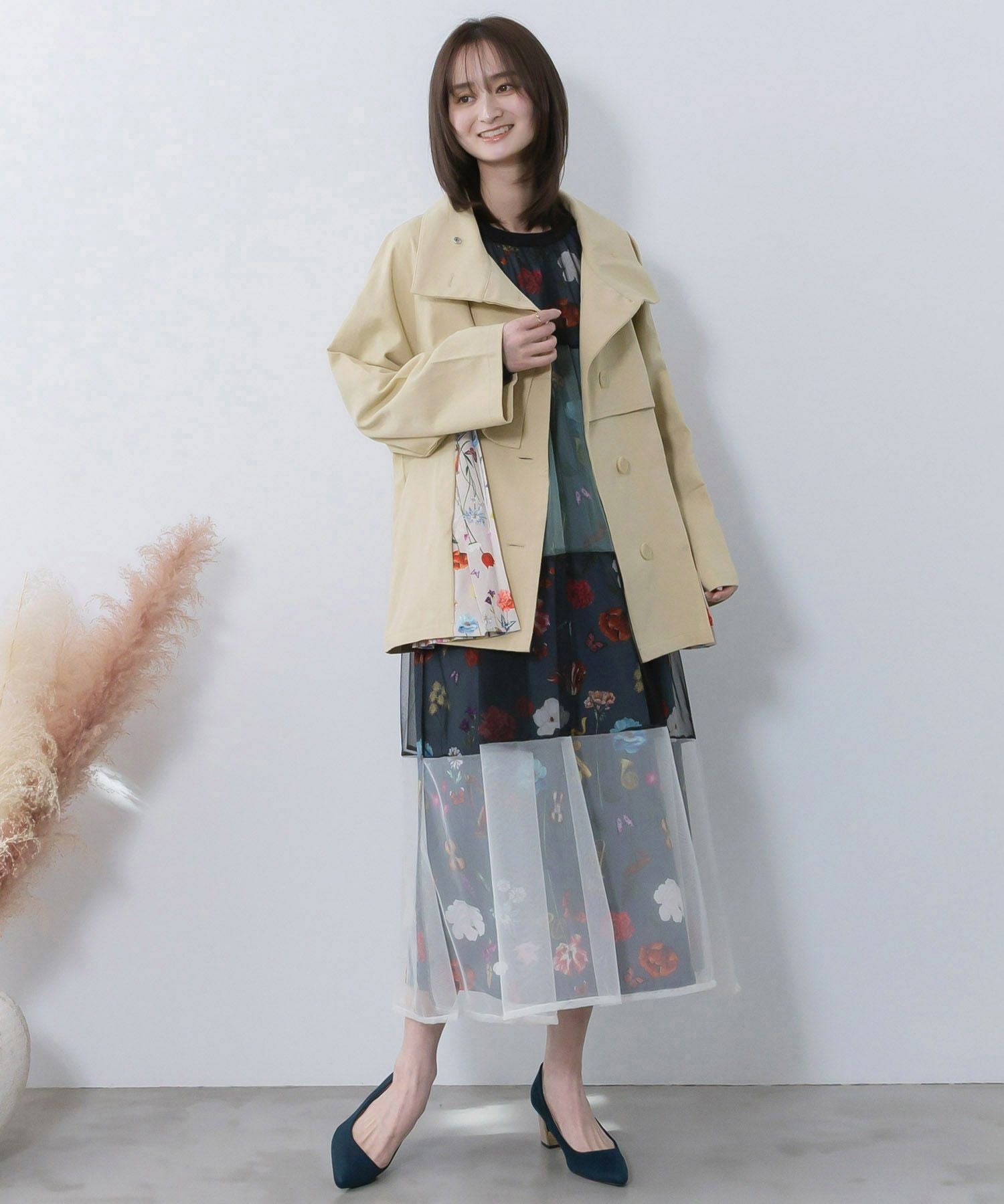 561214：クラシカル柄プリーツ×ツイルトレンチ風コートの通販-ScoLar