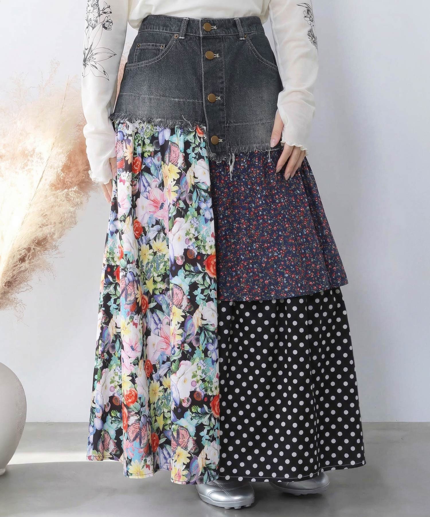 161632：デニム×パッチワーク風 異素材切替2wayスカートの通販-ScoLar