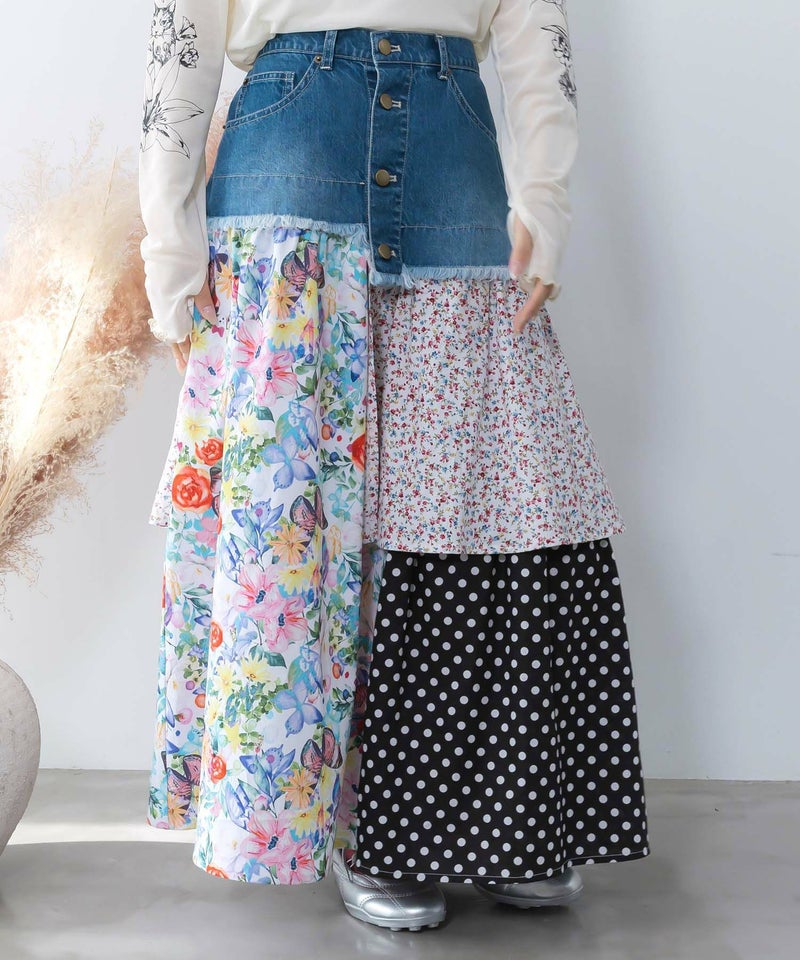 デニム×パッチワーク風 異素材切替2wayスカート-1