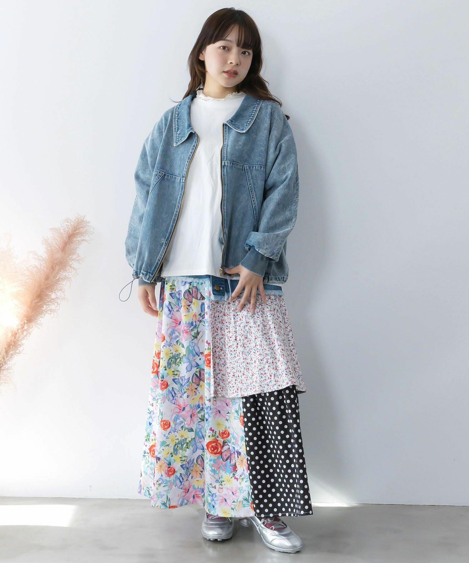 161632：デニム×パッチワーク風 異素材切替2wayスカートの通販-ScoLar