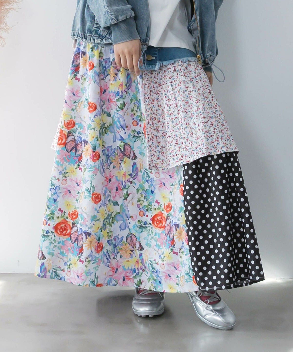 デニム×パッチワーク風 異素材切替2wayスカート-3