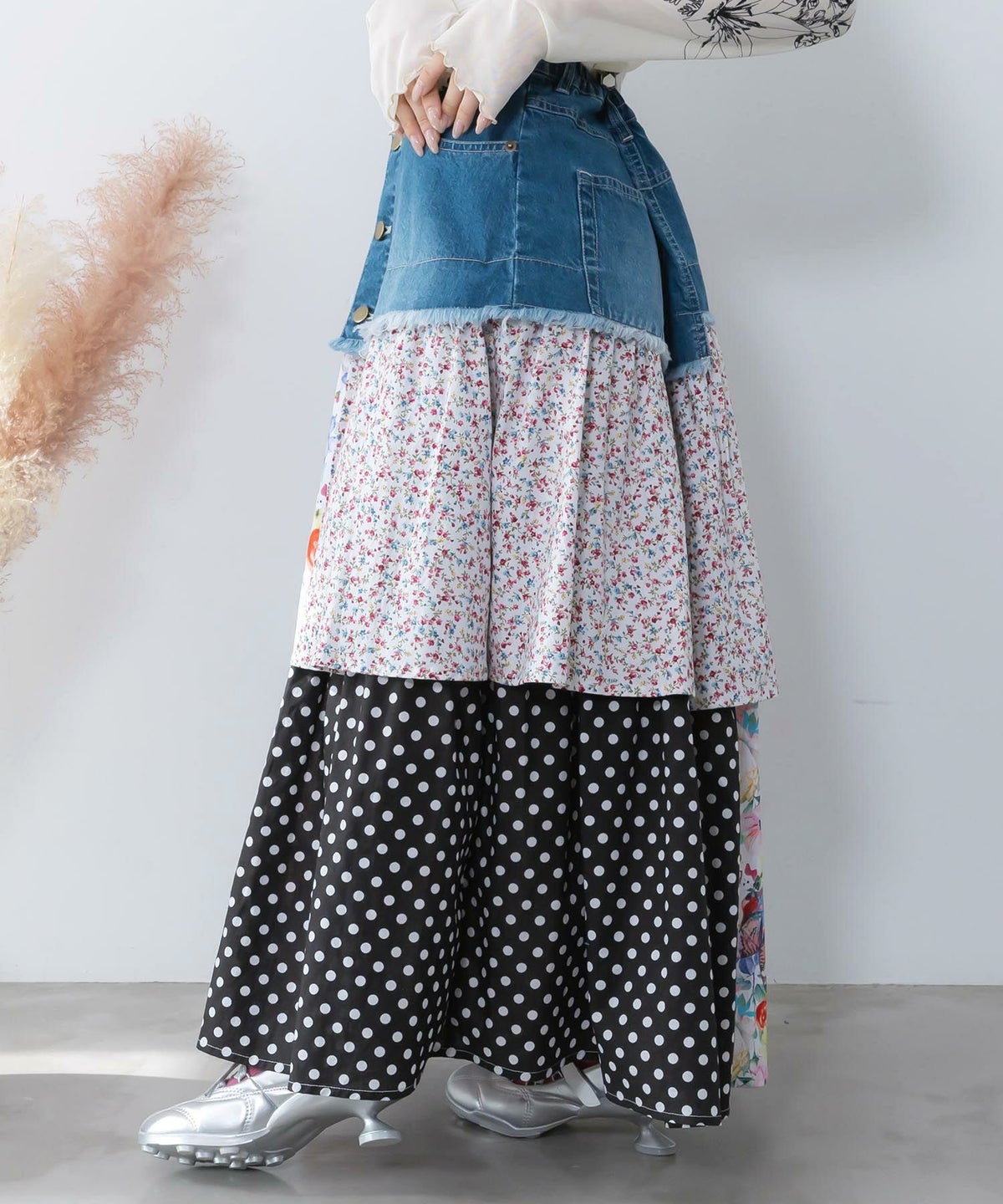 デニム×パッチワーク風 異素材切替2wayスカート-4