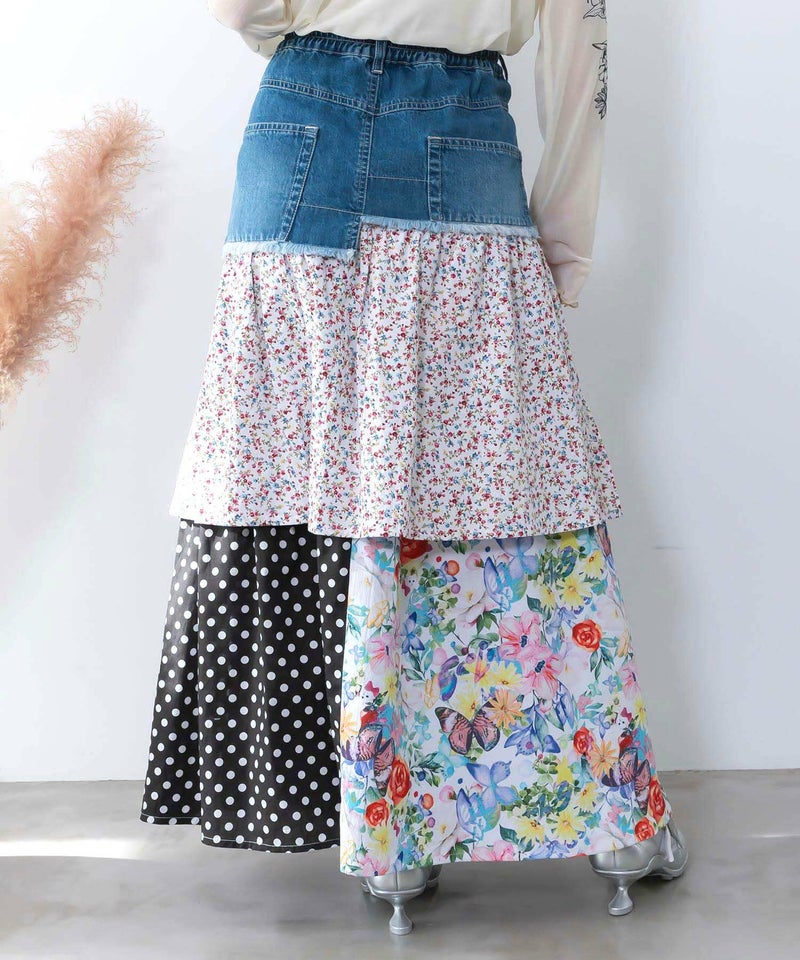 デニム×パッチワーク風 異素材切替2wayスカート-5