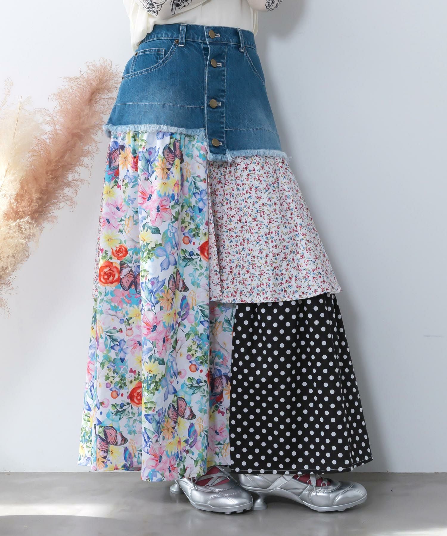 161632：デニム×パッチワーク風 異素材切替2wayスカートの通販-ScoLar
