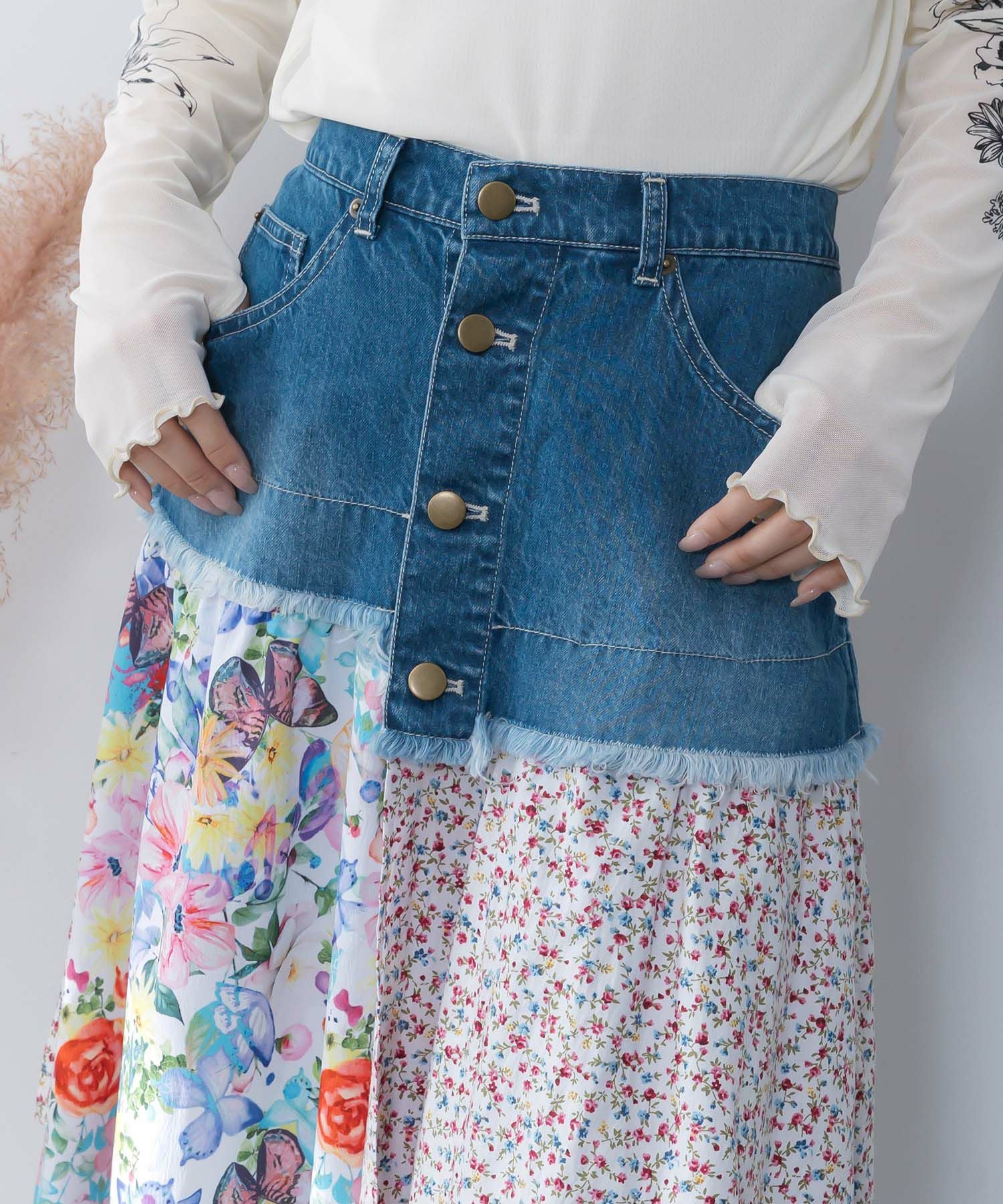 161632：デニム×パッチワーク風 異素材切替2wayスカートの通販-ScoLar