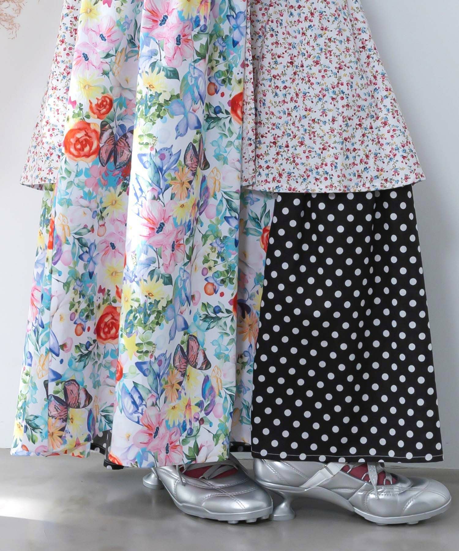 ほぼ未使用✨ScoLar デニム×パッチワーク異素材 2way フレアスカート 161632：デニム×パッチワーク風 異素材切替2wayスカートの通販-ScoLar