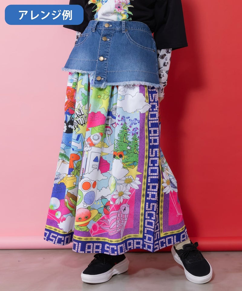 デニム×パッチワーク風 異素材切替2wayスカート-12