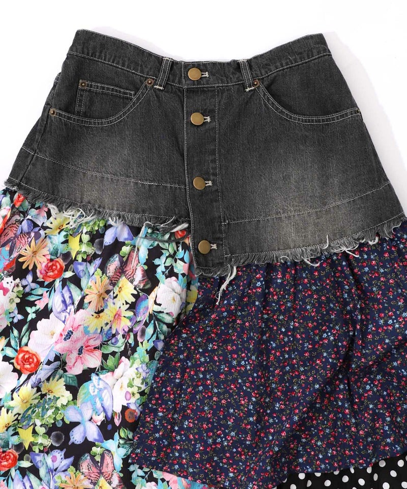 デニム×パッチワーク風 異素材切替2wayスカート-19