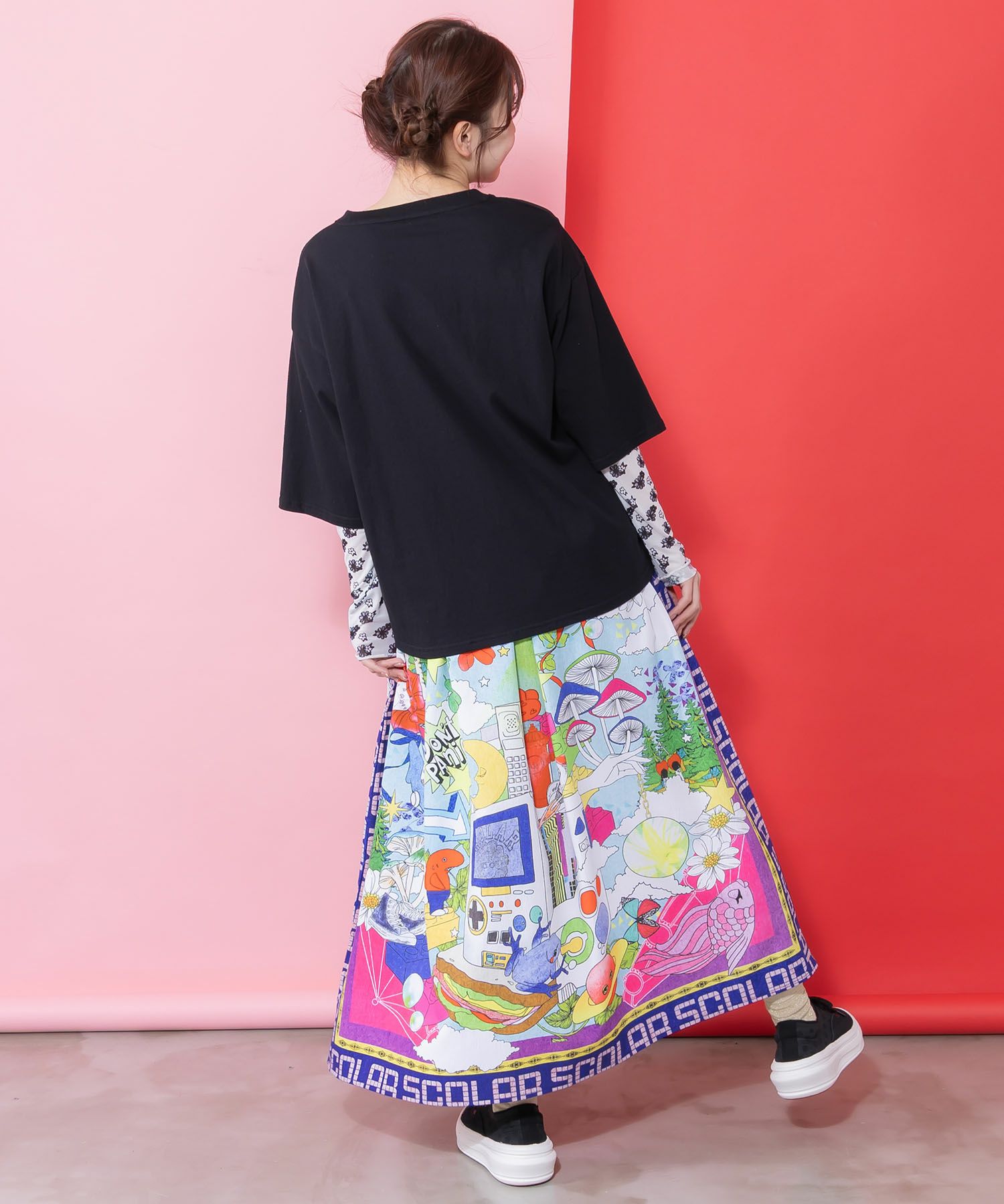 161627：レトロスカーフ柄ワッシャー加工スカートの通販-ScoLar