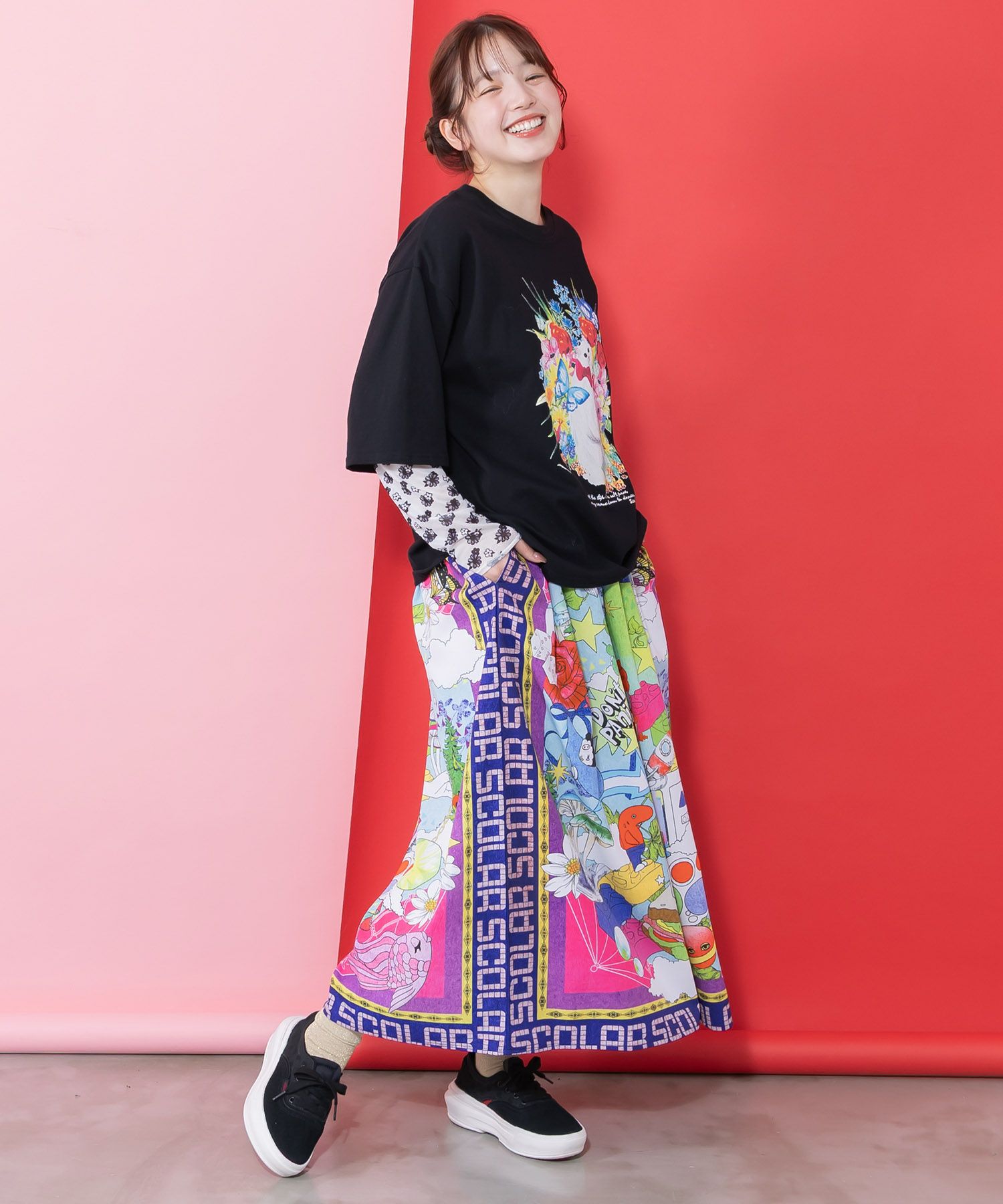 161627：レトロスカーフ柄ワッシャー加工スカートの通販-ScoLar