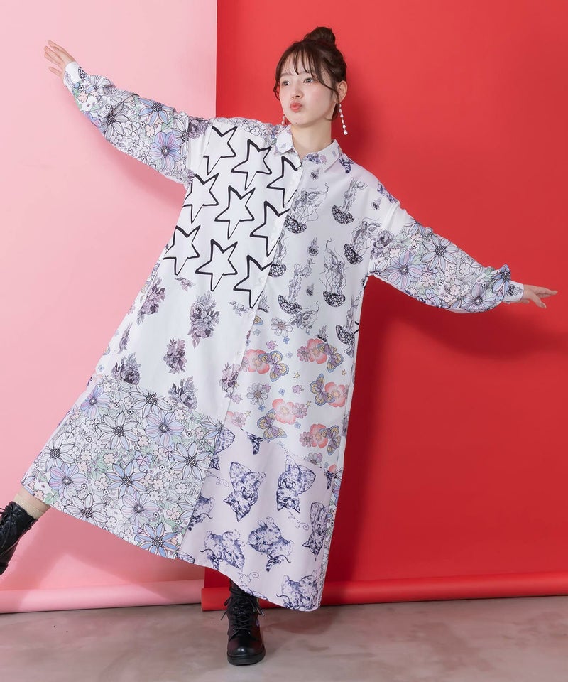 パッチワーク風総柄シャツワンピース-1