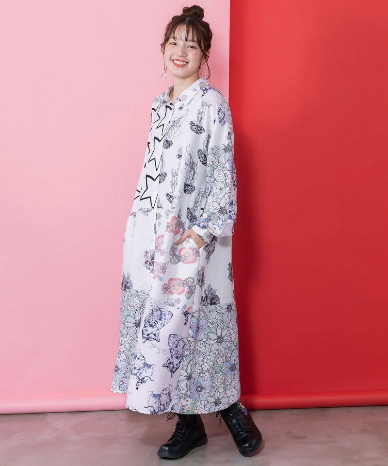 パッチワーク風総柄シャツワンピース-4