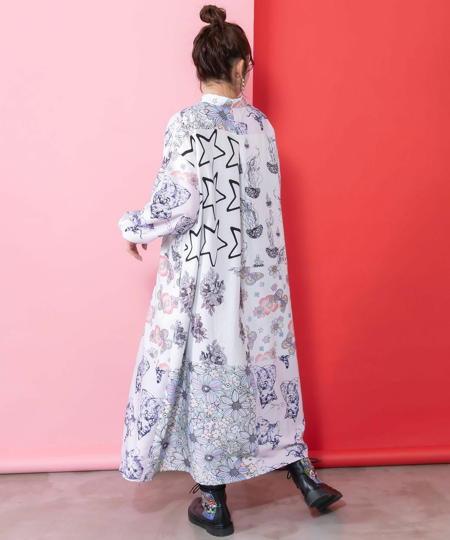 161624：パッチワーク風総柄シャツワンピースの通販-ScoLar