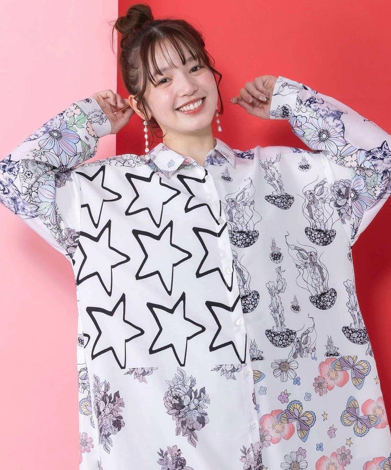 パッチワーク風総柄シャツワンピース-7