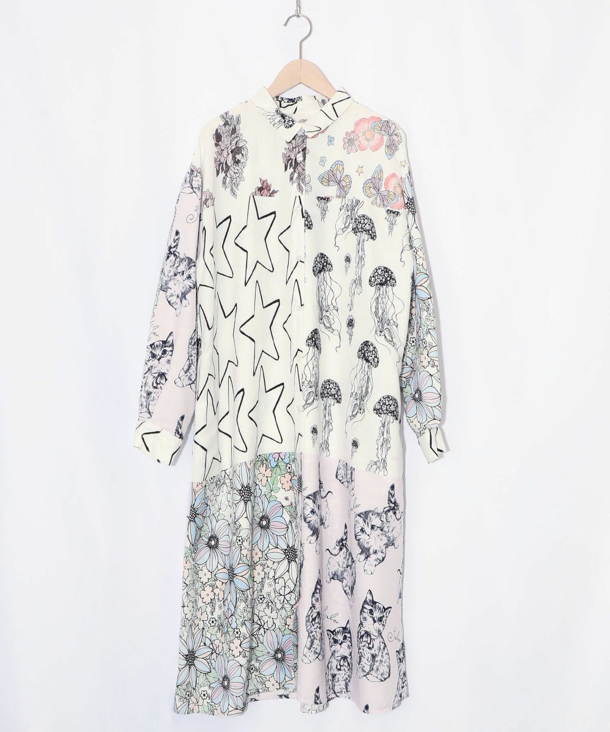 パッチワーク風総柄シャツワンピース-10